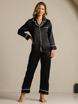 [Sort] SilkSilky-DK Langærmet Notchkrage Dame Pyjamas 001