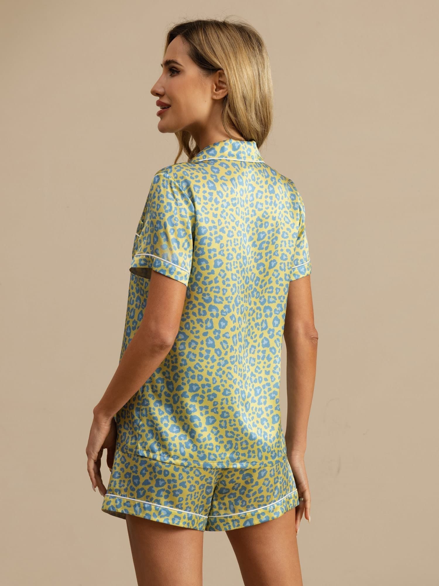 [Grøn Leopard] SilkSilky-DK 19Momme Kort ærme Notchkrage Dame Pyjamas 002