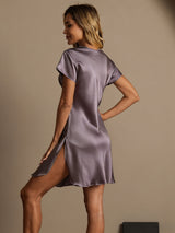 [Lilla Grå] SilkSilky-DK Short Sleeve V Neck Natkjole 002