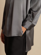 [Mørkegrå] SilkSilky-DK 19Momme Langærmet Ståkrave Bluse 008