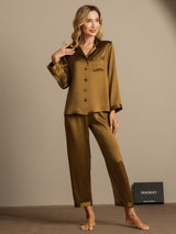 [Brun] SilkSilky-DK Long Sleeve Lapel Collar Dame Pyjamas 005