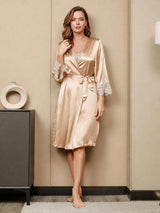 [Champagne] SilkSilky-DK 3/4 Sleeve V Neck Natkjole & Morgenkåbe Sæt 008