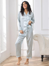[Lyseblå] SilkSilky-DK Long Sleeve Lapel Collar Dame Pyjamas 004
