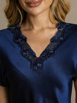 [Mørkeblå] SilkSilky-DK Short Sleeve V Neck Natkjole 004