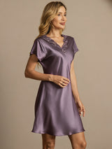 [Lilla Grå] SilkSilky-DK Short Sleeve V Neck Natkjole 001