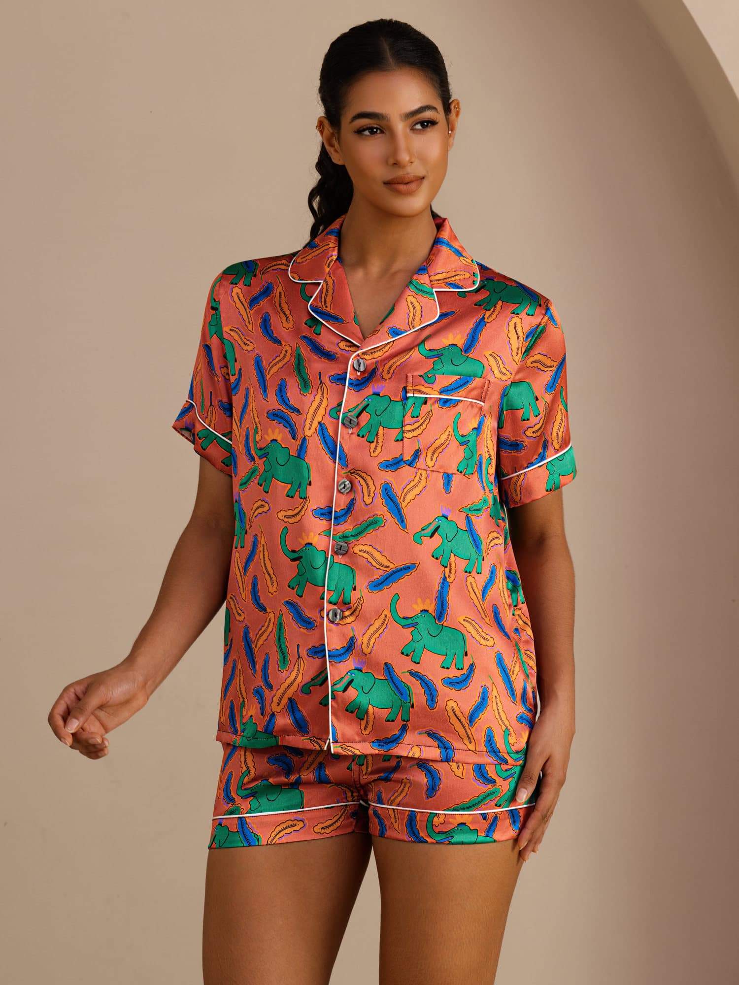 [Lerelefant] SilkSilky-DK Short Sleeve Lapel Collar Dame Pyjamas 001
