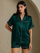 [Mørkegrøn] SilkSilky-DK Short Sleeve Lapel Collar Dame Pyjamas 006