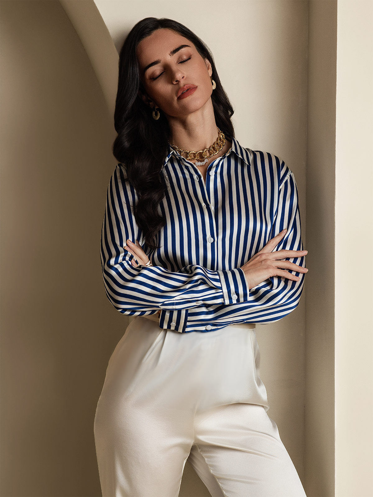 [Blå] SilkSilky-DK Silke Long Sleeve Collar Dameskjorte 001