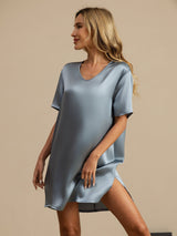 [Gråblå] SilkSilky-DK Half Sleeve V Neck Natkjole 005