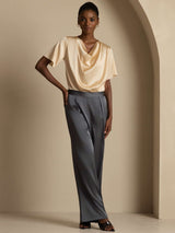[Champagne] SilkSilky-DK Short Sleeve Cowl Neck Damebluser 008