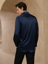 [Mørkeblå] SilkSilky-DK Long Sleeve Lapel Collar Herreskjorte 002