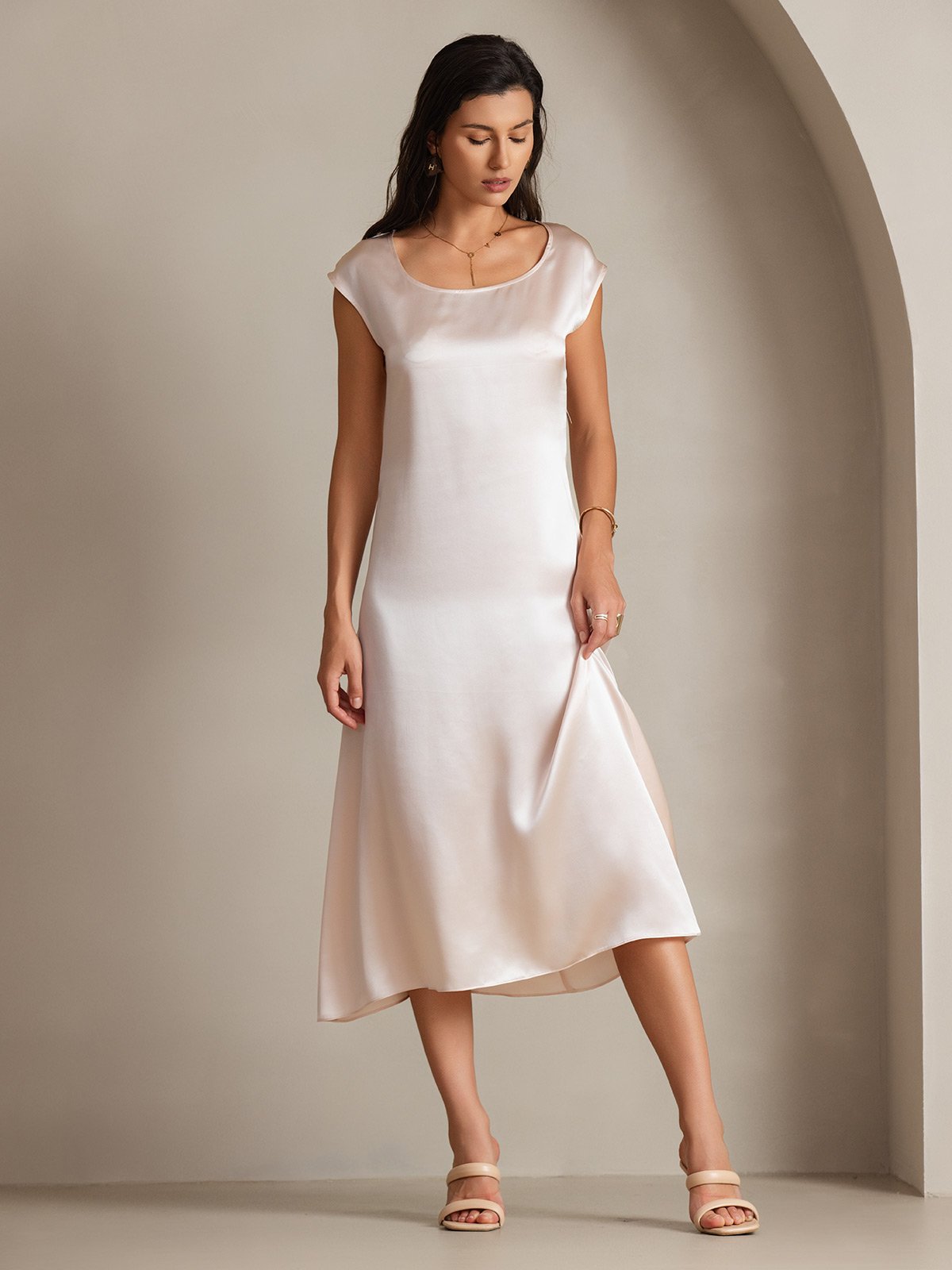 [Lyserød] SilkSilky-DK 19Momme Silke Dress 002