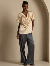 [Champagne] SilkSilky-DK Short Sleeve Cowl Neck Damebluser 006