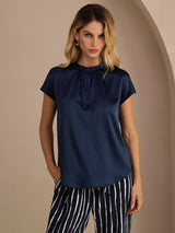 [Mørkeblå] SilkSilky-DK Short Sleeve Blouse 003