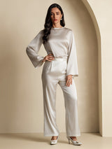 [Lysegrå] SilkSilky-DK Long Sleeve Boat Neck Bluse 007
