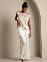 [Beige] SilkSilky-DK Cap Sleeve Round Neck T-shirt til kvinder 006