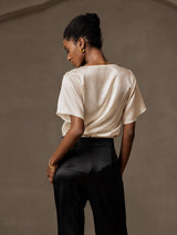 [Beige] SilkSilky-DK Short Sleeve Cowl Neck Damebluser 002