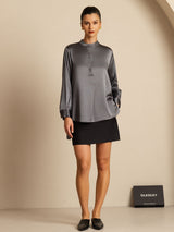 [Mørkegrå] SilkSilky-DK 19Momme Langærmet Ståkrave Bluse 009