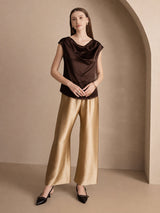 [Mørk Chokolade] SilkSilky-DK Cap Sleeve Cowl Neck T-shirt til kvinder 006
