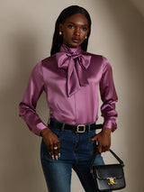 [Mørke Lilla] SilkSilky-DK Long Sleeve High Neck Bluse 007