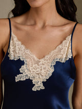 [Mørkeblå] SilkSilky-DK Sleeveless V Neck Natkjole 004
