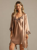 [Brun] SilkSilky-DK 3/4 Sleeve V Neck Natkjole & Morgenkåbe Sæt 001