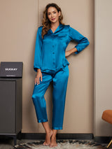 [Blågrøn] SilkSilky-DK Long Sleeve Lapel Collar Dame Pyjamas 004