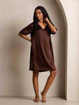 [Brun] SilkSilky-DK Half Sleeve V Neck Natkjole 006