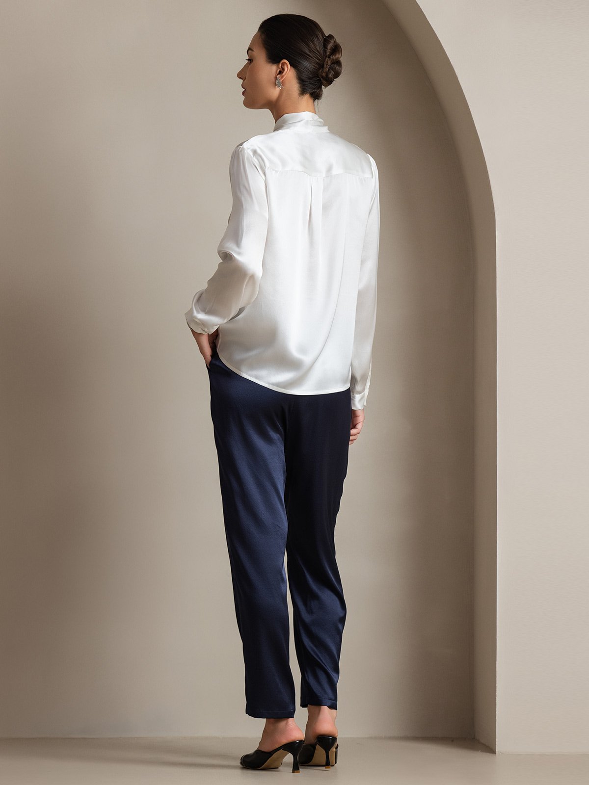 [Hvid] SilkSilky-DK Long Sleeve Tie Neck Damebluser 002