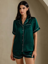 [Mørkegrøn] SilkSilky-DK Short Sleeve Lapel Collar Dame Pyjamas 007