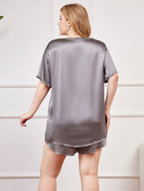 [Grågrøn] SilkSilky-DK Pure Silk Short Sleeve Round Neck Dame Plus Size Pyjamas 002