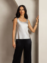 [Sølv] SilkSilky-DK 19Momme Ærmeløs Dyb Rund Halsudskæring Camisole Top 006