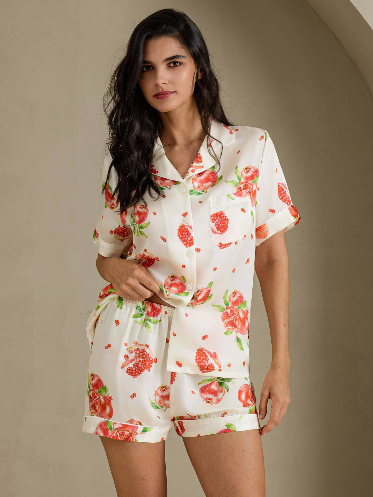 [Hvidt Granatæble] SilkSilky-DK Short Sleeve Notch Collar Dame Pyjamas 001
