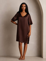 [Brun] SilkSilky-DK Half Sleeve V Neck Natkjole 008