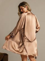 [Brun] SilkSilky-DK 3/4 Sleeve V Neck Natkjole & Morgenkåbe Sæt 002