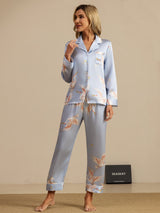 [Lyseblå] SilkSilky-DK 19Momme Langærmet Notchkrage Dame Pyjamas 006