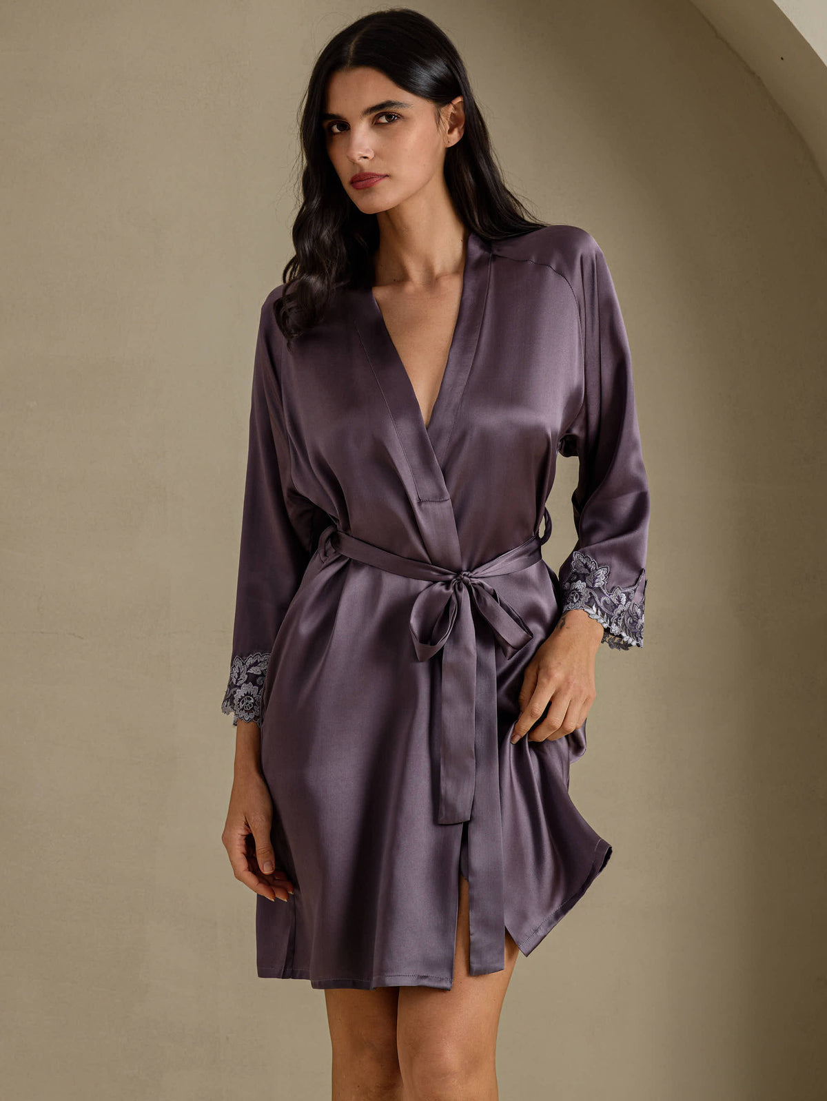 [Lilla Grå] SilkSilky-DK 3/4 Sleeve Dame Morgenkåbe 001