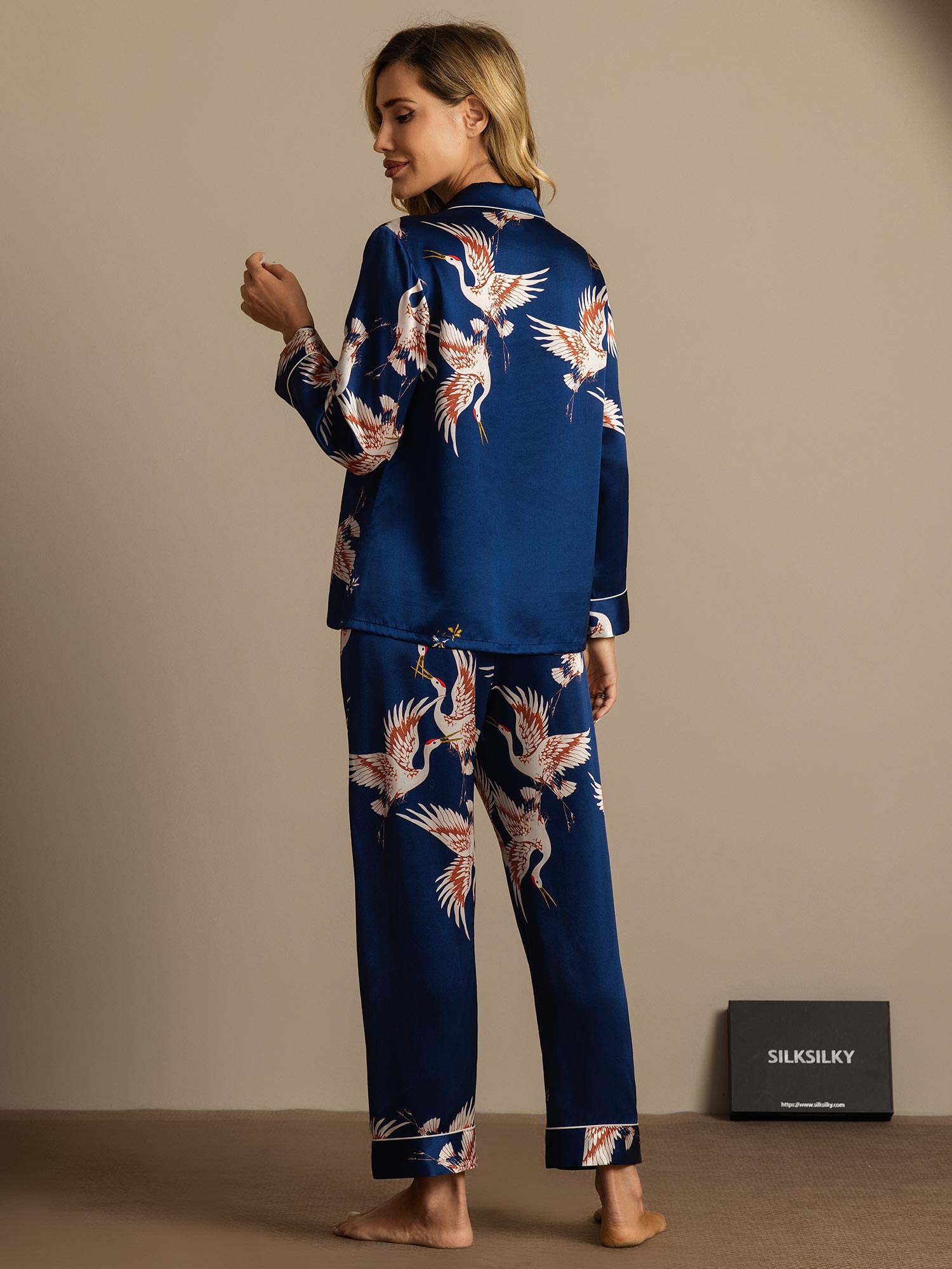 [Mørkeblå] SilkSilky-DK 19Momme Langærmet Notchkrage Dame Pyjamas 008