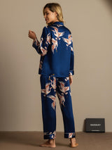[Mørkeblå] SilkSilky-DK 19Momme Langærmet Notchkrage Dame Pyjamas 008