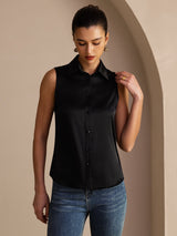 [Sort] SilkSilky-DK Sleeveless Lapel Collar Dameskjorte 005