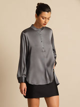 [Mørkegrå] SilkSilky-DK 19Momme Langærmet Ståkrave Bluse 005