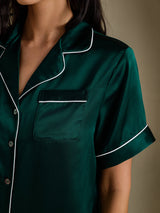 [Mørkegrøn] SilkSilky-DK Short Sleeve Lapel Collar Dame Pyjamas 004