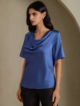 [Ægte Petrol] SilkSilky-DK Short Sleeve Cowl Neck Damebluser 003