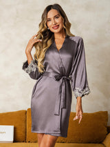 [Lilla Grå] SilkSilky-DK 3/4 Sleeve Dame Morgenkåbe 001