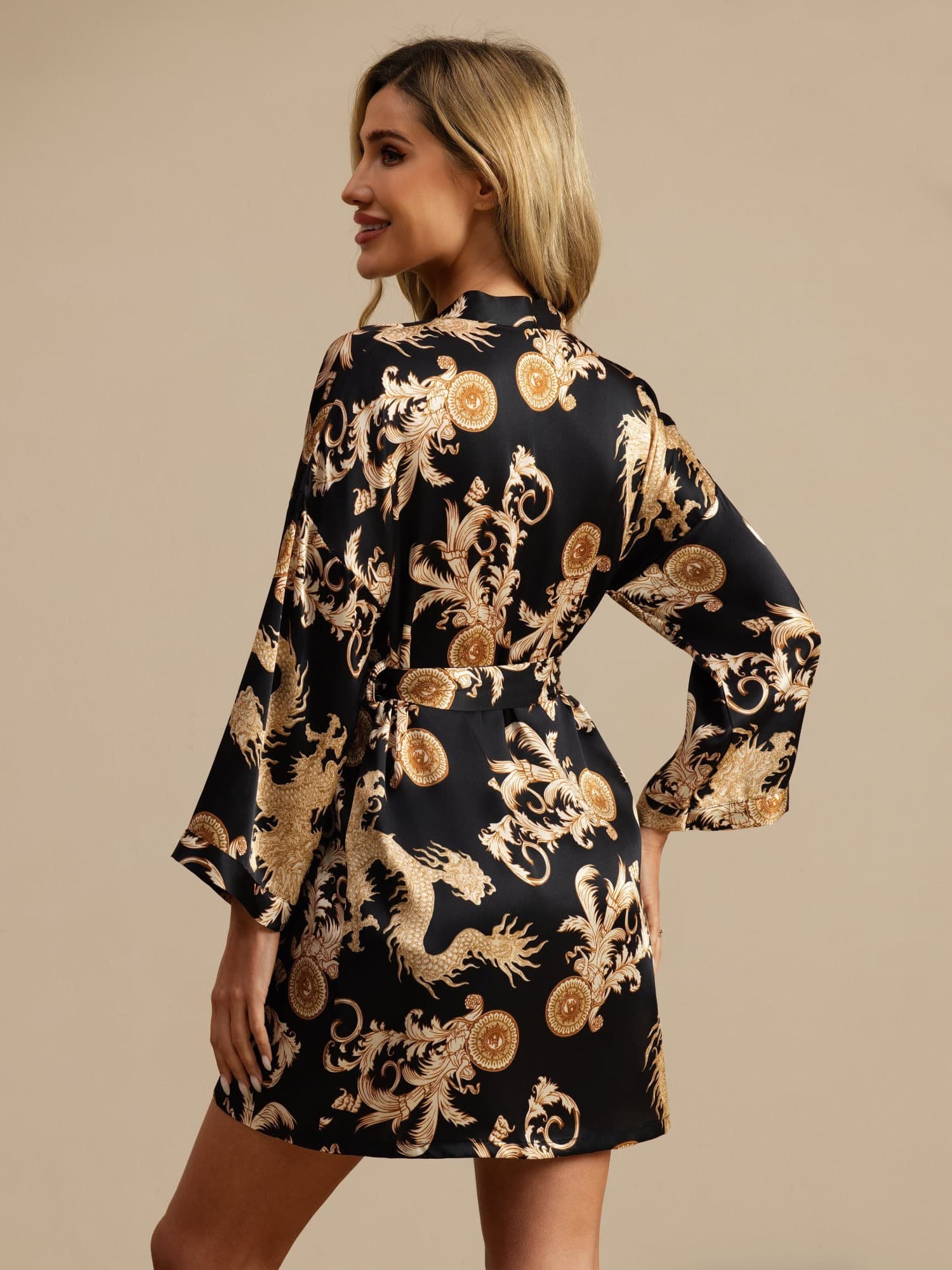 [Sort Drage] SilkSilky-DK 3/4 Sleeve Dame Morgenkåbe 002