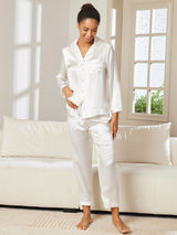 [Hvid] SilkSilky-DK Long Sleeve Lapel Collar Dame Pyjamas 002