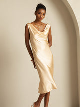 [Champagne] SilkSilky-DK Sleeveless Cowl Neck Kjole 007