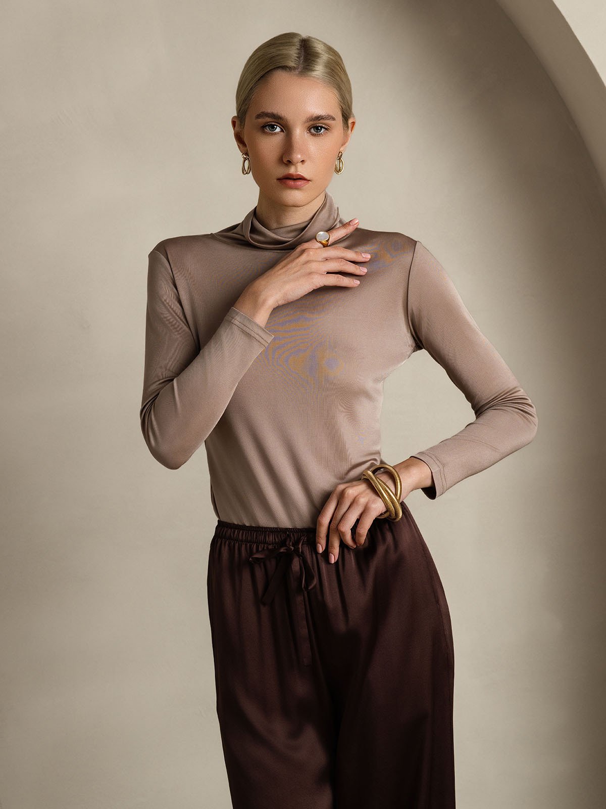 [Kaki] SilkSilky-DK Langærmet Rullekrave T-shirt til kvinder 005