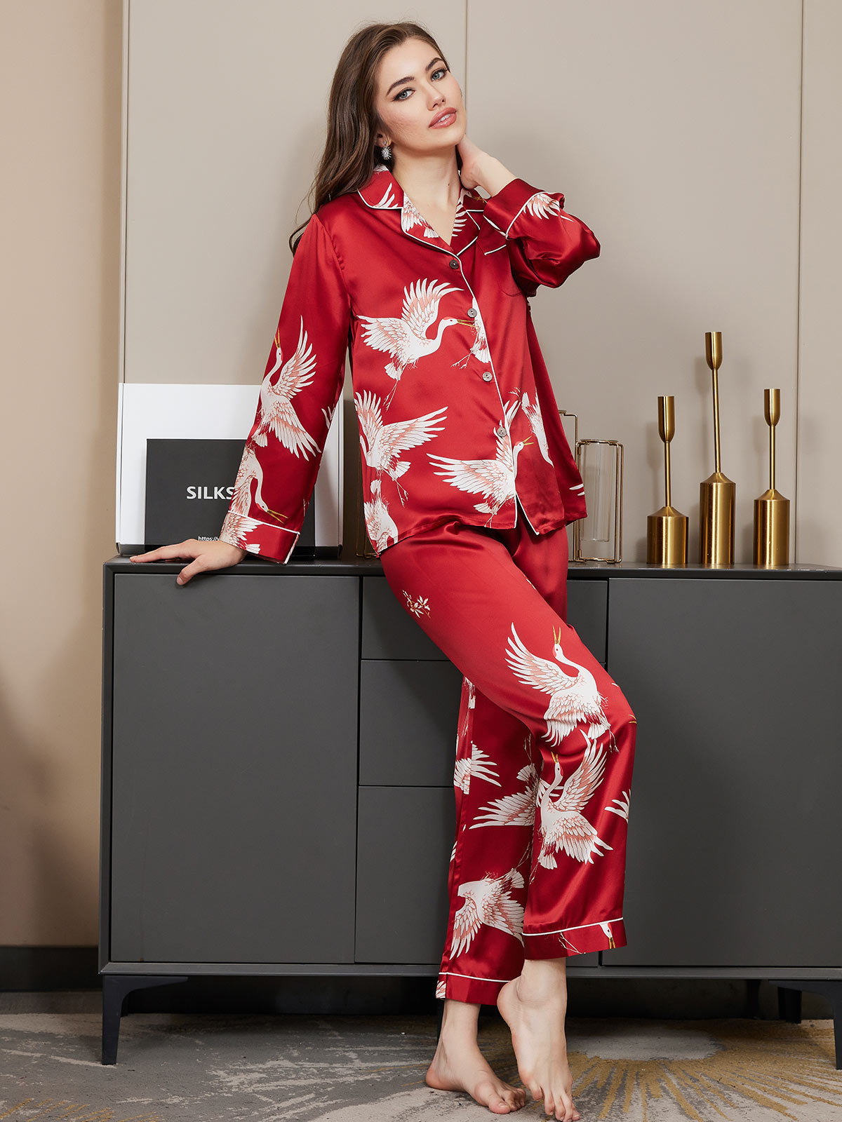 [Mørkerød] SilkSilky-DK 19Momme Langærmet Notchkrage Dame Pyjamas 002