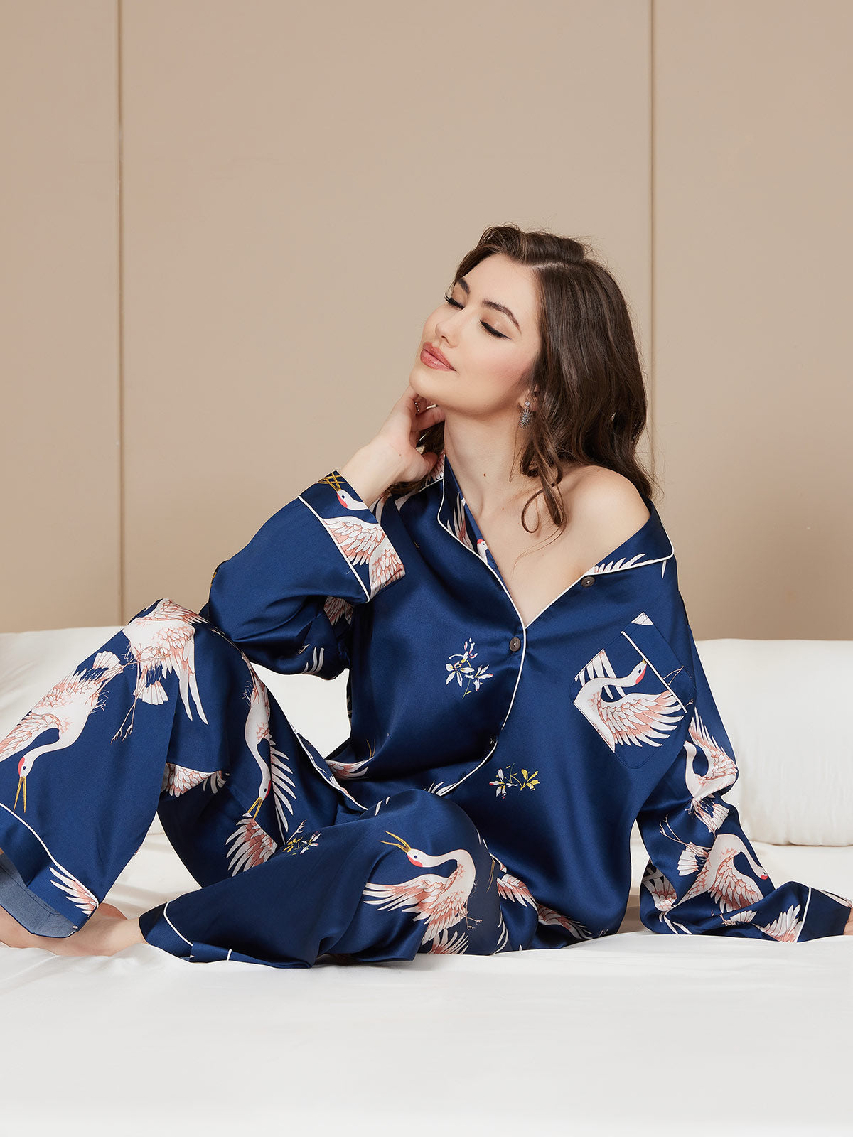 [Mørkeblå] SilkSilky-DK Long Sleeve Lapel Collar Dame Pyjamas 001